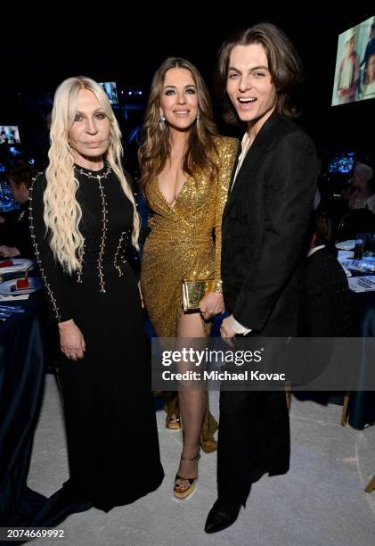 Donatella Versace, Elizabeth Hurley, and Damian Hurley attend the Elton John AIDS Foundation's 32nd Annual Academy Awards Viewing Party on March 10,...