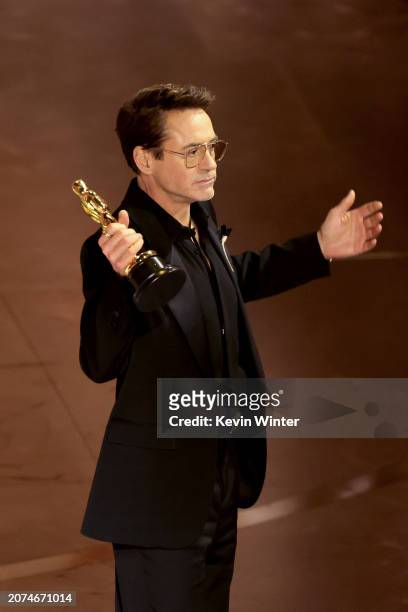 Robert Downey Jr. Accepts the Best Picture award for "Oppenheimer" onstage during the 96th Annual Academy Awards at Dolby Theatre on March 10, 2024...