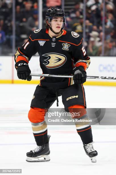 Olen Zellweger of the Anaheim Ducks skates on the ice during the third period against the New York Islanders at Honda Center on March 10, 2024 in...