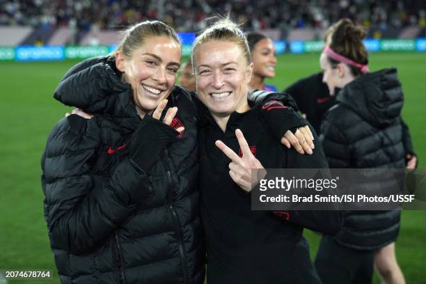 Abby Dahlkemper celebrates with Emily Sonnett of the United States after defeating Brazil during the 2024 Concacaf W Gold Cup final at Snapdragon...