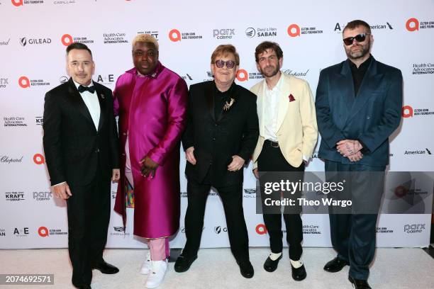 David Furnish, Jacob Lusk, Elton John, Ari Balouzian and Ryan Hope attend the Elton John AIDS Foundation's 32nd Annual Academy Awards Viewing Party...