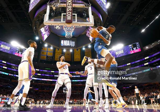 Anthony Edwards of the Minnesota Timberwolves goes for a rebound against the Los Angeles Lakers in the first half at Crypto.com Arena on March 10,...