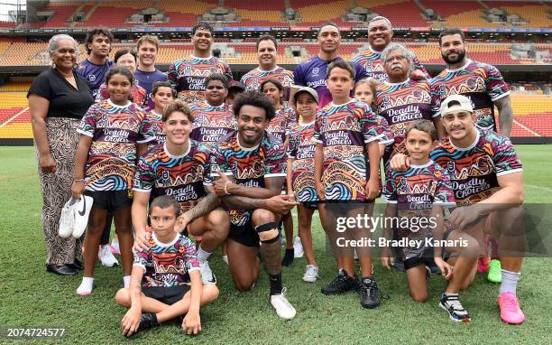 Broncos players Ezra Mam, Reece Walsh, Kotoni Staggs, Adam Reynolds and Selwyn Cobbo, along with former Broncos players Steven Renouf and Petero...