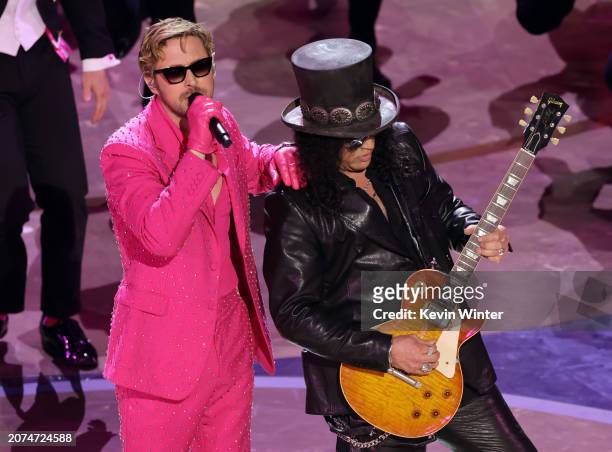 Ryan Gosling and Slash perform 'I'm Just Ken' from "Barbie" onstage during the 96th Annual Academy Awards at Dolby Theatre on March 10, 2024 in...