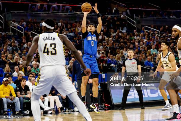 Anthony Black of the Orlando Magic pulls up for a jump shot during the game against the Indiana Pacers at the Kia Center on March 10, 2024 in...