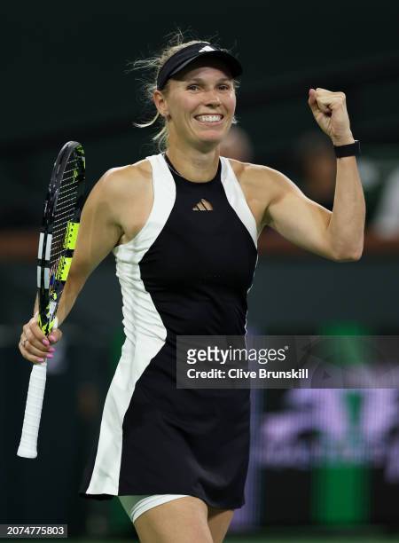 Caroline Wozniacki of Denmark celebrates match point against Katie Volynets of the United States in their third round match during the BNP Paribas...