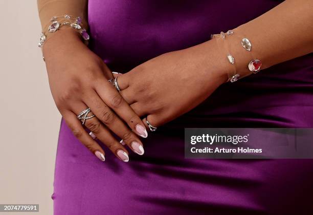 Drea Okeke, jewelry detail, attends the 96th Annual Academy Awards on March 10, 2024 in Hollywood, California.