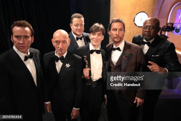 In this handout photo provided by A.M.P.A.S., Nicolas Cage, Ben Kingsley, Brendan Fraser, Cillian Murphy, winner of the Best Actor in a Leading Role...
