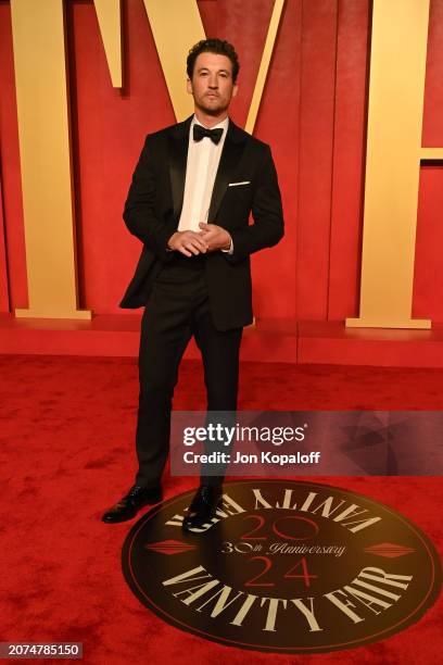 Miles Teller attends the 2024 Vanity Fair Oscar Party Hosted By Radhika Jones at Wallis Annenberg Center for the Performing Arts on March 10, 2024 in...