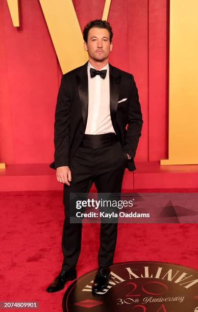 Miles Teller attends the 2024 Vanity Fair Oscar Party Hosted By Radhika Jones at Wallis Annenberg Center for the Performing Arts on March 10, 2024 in...