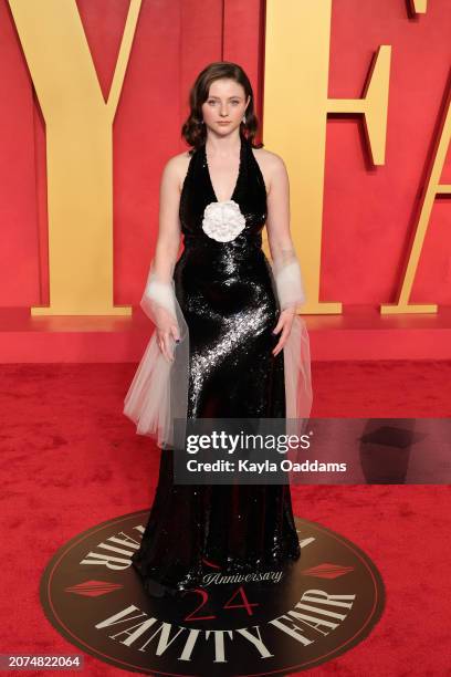 Thomasin McKenzie attends the 2024 Vanity Fair Oscar Party Hosted By Radhika Jones at Wallis Annenberg Center for the Performing Arts on March 10,...