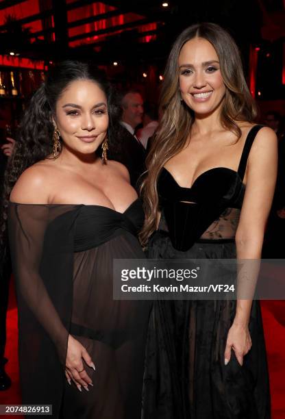 Vanessa Hudgens and Jessica Alba attend the 2024 Vanity Fair Oscar Party Hosted By Radhika Jones at Wallis Annenberg Center for the Performing Arts...