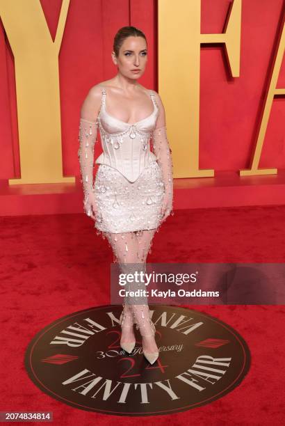 Zoe Lister-Jones attends the 2024 Vanity Fair Oscar Party Hosted By Radhika Jones at Wallis Annenberg Center for the Performing Arts on March 10,...