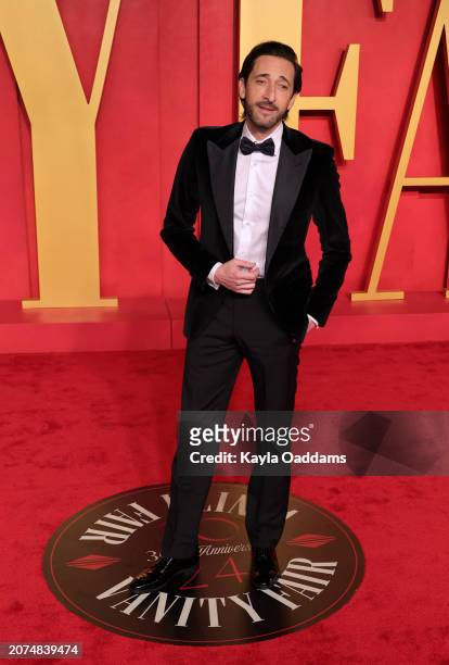 Adrien Brody attends the 2024 Vanity Fair Oscar Party Hosted By Radhika Jones at Wallis Annenberg Center for the Performing Arts on March 10, 2024 in...