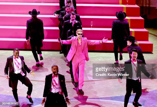 Ncuti Gatwa, Kingsley Ben-Adir, Ryan Gosling and Simu Liu perform "I'm Just Ken" onstage during the 96th Annual Academy Awards at Dolby Theatre on...