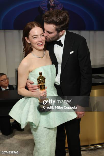 Emma Stone, winner of the Best Actress in a Leading Role award for 'Poor Things,' and Dave McCary attend the Governors Ball during the 96th Annual...