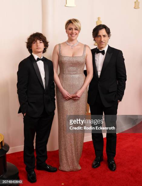 Rohmer Baumbach, Greta Gerwig and Noah Baumbach attend the 96th Annual Academy Awards on March 10, 2024 in Hollywood, California.