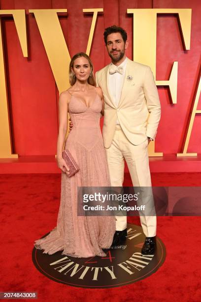 Emily Blunt and John Krasinski attend the 2024 Vanity Fair Oscar Party Hosted By Radhika Jones at Wallis Annenberg Center for the Performing Arts on...