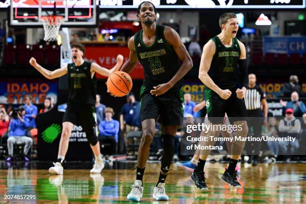 Zee Hamoda of the Sacramento State Hornets celebrates after beating the Eastern Washington Eagles at Idaho Central Arena on March 10, 2024 in Boise,...