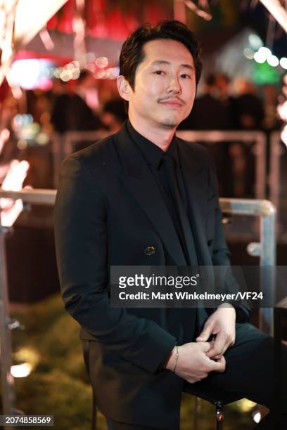 Steven Yeun attends the 2024 Vanity Fair Oscar Party Hosted By Radhika Jones at Wallis Annenberg Center for the Performing Arts on March 10, 2024 in...