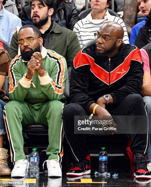 Todd Tucker and Omar J. Dorsey attend the game between New Orleans Pelicans and the Atlanta Hawks at State Farm Arena on March 10, 2024 in Atlanta,...