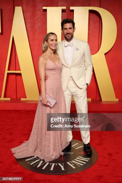 Emily Blunt and John Krasinski attend the 2024 Vanity Fair Oscar Party Hosted By Radhika Jones at Wallis Annenberg Center for the Performing Arts on...
