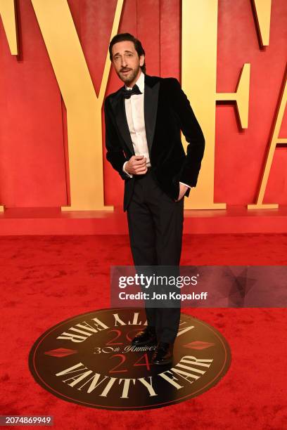 Adrien Brody attends the 2024 Vanity Fair Oscar Party Hosted By Radhika Jones at Wallis Annenberg Center for the Performing Arts on March 10, 2024 in...