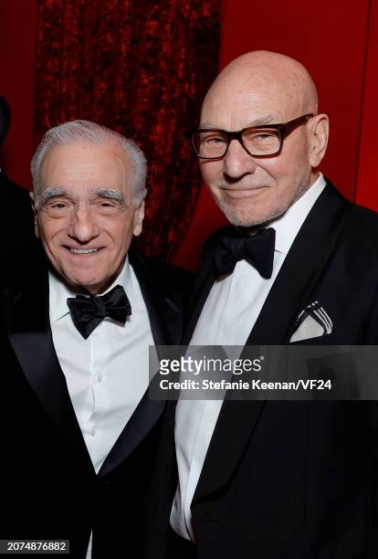 Martin Scorsese and Patrick Stewart attend the 2024 Vanity Fair Oscar Party Hosted By Radhika Jones at Wallis Annenberg Center for the Performing...