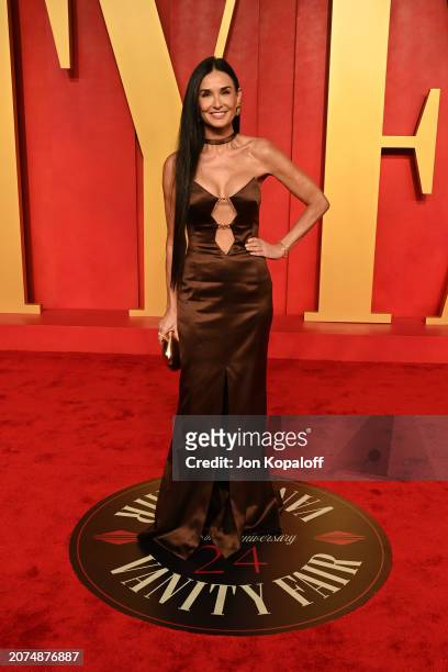 Demi Moore attends the 2024 Vanity Fair Oscar Party Hosted By Radhika Jones at Wallis Annenberg Center for the Performing Arts on March 10, 2024 in...