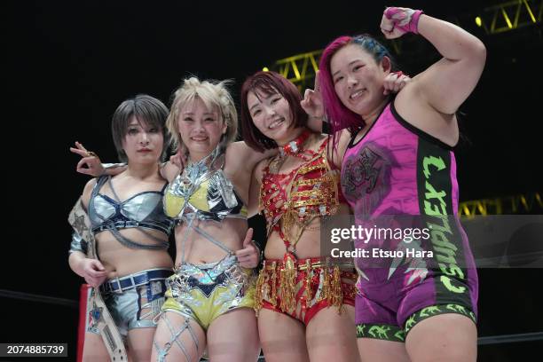 Saori Anou, Natsupoi, Sareee and Chihiro Hashimoto huddle during the Women's Pro-Wrestling "Stardom" at Yokohama Budokan on March 09, 2024 in...