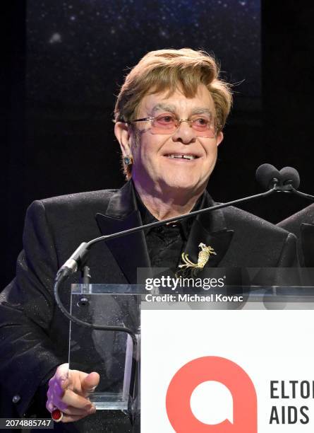 Elton John speaks onstage at the Elton John AIDS Foundation's 32nd Annual Academy Awards Viewing Party on March 10, 2024 in West Hollywood,...