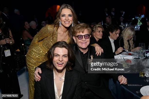 Damian Hurley, Elizabeth Hurley and Elton John attend the Elton John AIDS Foundation's 32nd Annual Academy Awards Viewing Party on March 10, 2024 in...