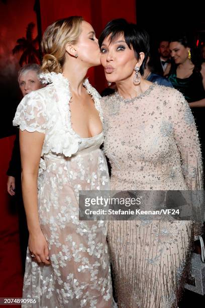Jennifer Lawrence and Kris Jenner attend the 2024 Vanity Fair Oscar Party Hosted By Radhika Jones at Wallis Annenberg Center for the Performing Arts...