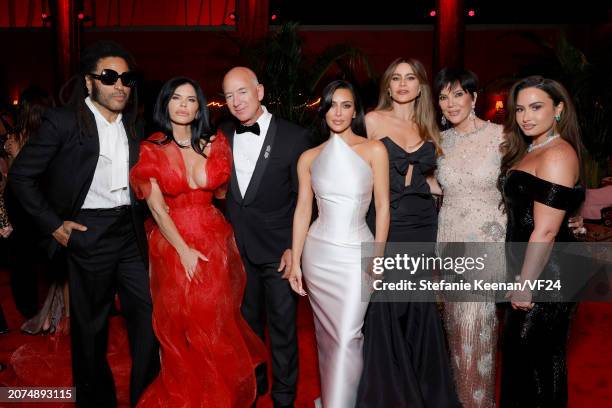 Lenny Kravitz, Lauren Sánchez, Jeff Bezos, Kim Kardashian, Sofía Vergara, Kris Jenner, and Demi Lova attend the 2024 Vanity Fair Oscar Party Hosted...