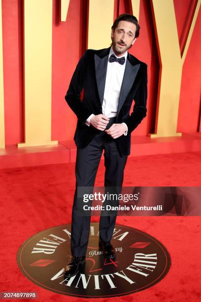 Adrien Brody attends the 2024 Vanity Fair Oscar Party Hosted By Radhika Jones at Wallis Annenberg Center for the Performing Arts on March 10, 2024 in...