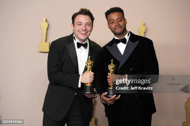 Ben Proudfoot and Kris Bowers, winners of the Best Documentary Short Film award for “The Last Repair Shop”, onstage in the press room at the 96th...