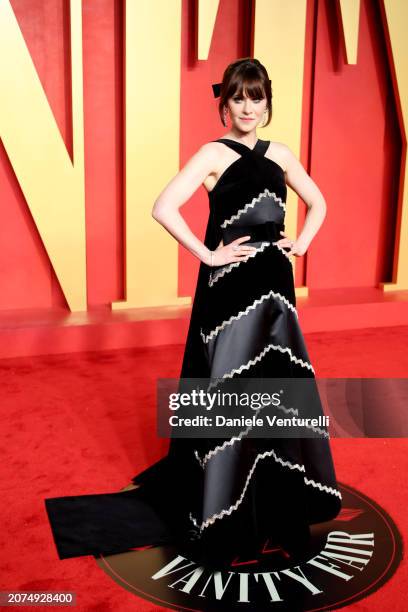 Zooey Deschanel attends the 2024 Vanity Fair Oscar Party Hosted By Radhika Jones at Wallis Annenberg Center for the Performing Arts on March 10, 2024...