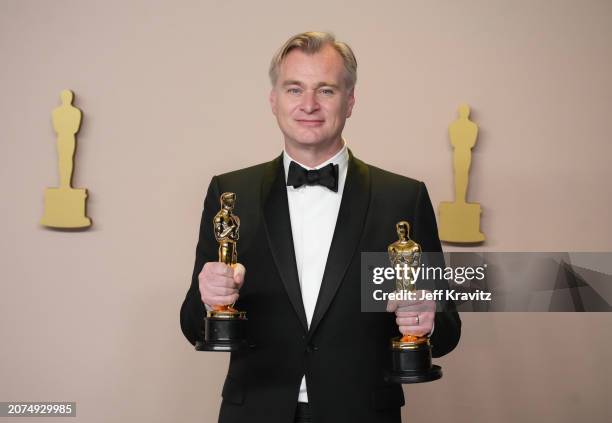 Christopher Nolan, winner of the Best Directing award and the Best Picture award for “Oppenheimer”, poses in the press room during the 96th Annual...