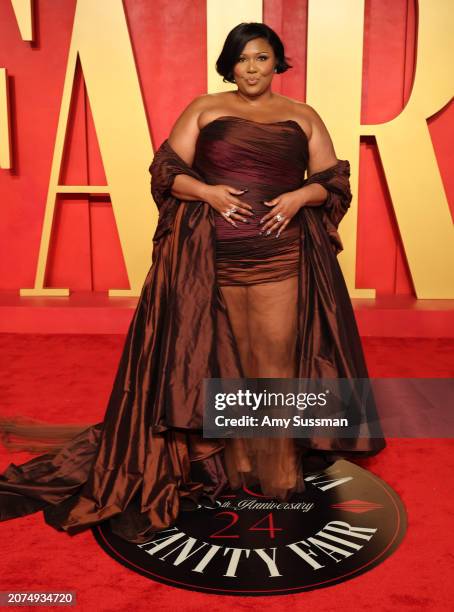 Lizzo attends the 2024 Vanity Fair Oscar Party Hosted By Radhika Jones at Wallis Annenberg Center for the Performing Arts on March 10, 2024 in...