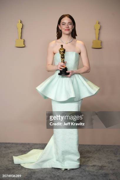 Emma Stone poses in the press room during the 96th Annual Academy Awards at Ovation Hollywood on March 10, 2024 in Hollywood, California.