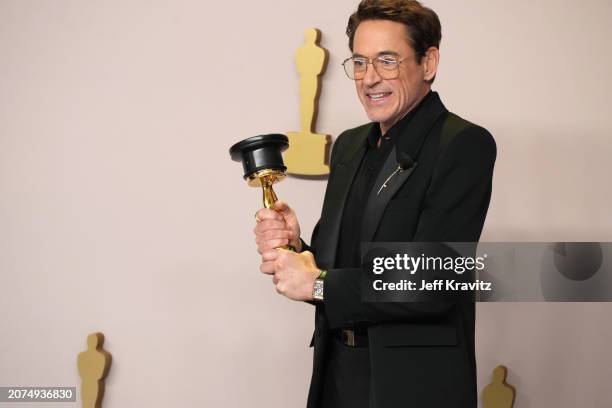 Robert Downey Jr., winner of the Best Actor in a Supporting Role award for “Oppenheimer”, onstage in the press room at the 96th Annual Academy Awards...