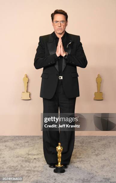 Robert Downey Jr., winner of the Best Actor in a Supporting Role award for “Oppenheimer”, onstage in the press room at the 96th Annual Academy Awards...