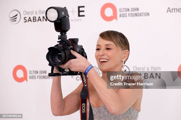 Sharon Stone attends the Elton John AIDS Foundation's 32nd Annual Academy Awards Viewing Party on March 10, 2024 in West Hollywood, California.