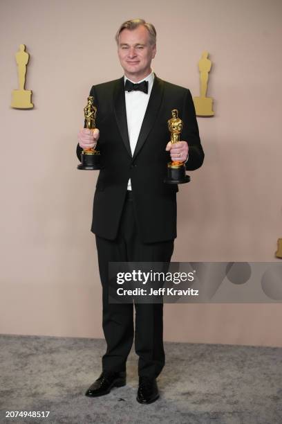 Christopher Nolan, winner of the Best Directing award and the Best Picture award for “Oppenheimer”, poses in the press room during the 96th Annual...