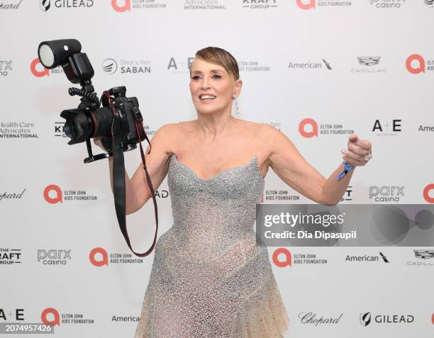 Sharon Stone attends the Elton John AIDS Foundation's 32nd Annual Academy Awards Viewing Party on March 10, 2024 in West Hollywood, California.