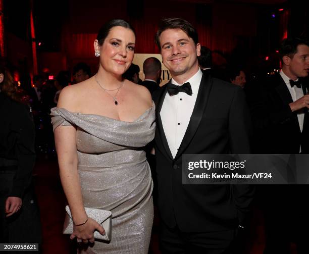 Melanie Lynskey and Jason Ritter attend the 2024 Vanity Fair Oscar Party Hosted By Radhika Jones at Wallis Annenberg Center for the Performing Arts...