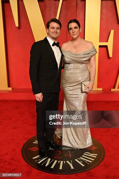 Jason Ritter and Melanie Lynskey attend the 2024 Vanity Fair Oscar Party Hosted By Radhika Jones at Wallis Annenberg Center for the Performing Arts...