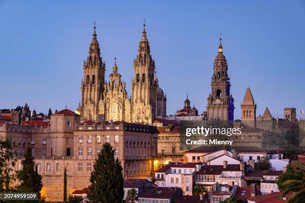 santiago de compostela cathedral at night twilight spain - pilgrim stock pictures, royalty-free photos & images