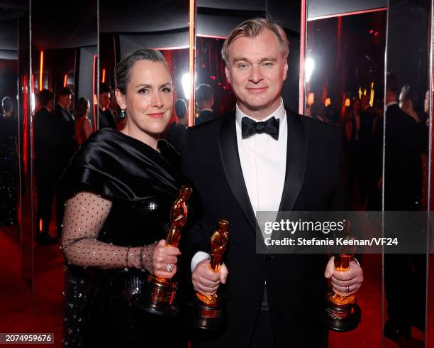 Emma Thomas and Christopher Nolan attend the 2024 Vanity Fair Oscar Party Hosted By Radhika Jones at Wallis Annenberg Center for the Performing Arts...