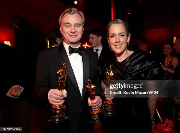 Christopher Nolan and Emma Thomas attend the 2024 Vanity Fair Oscar Party Hosted By Radhika Jones at Wallis Annenberg Center for the Performing Arts...